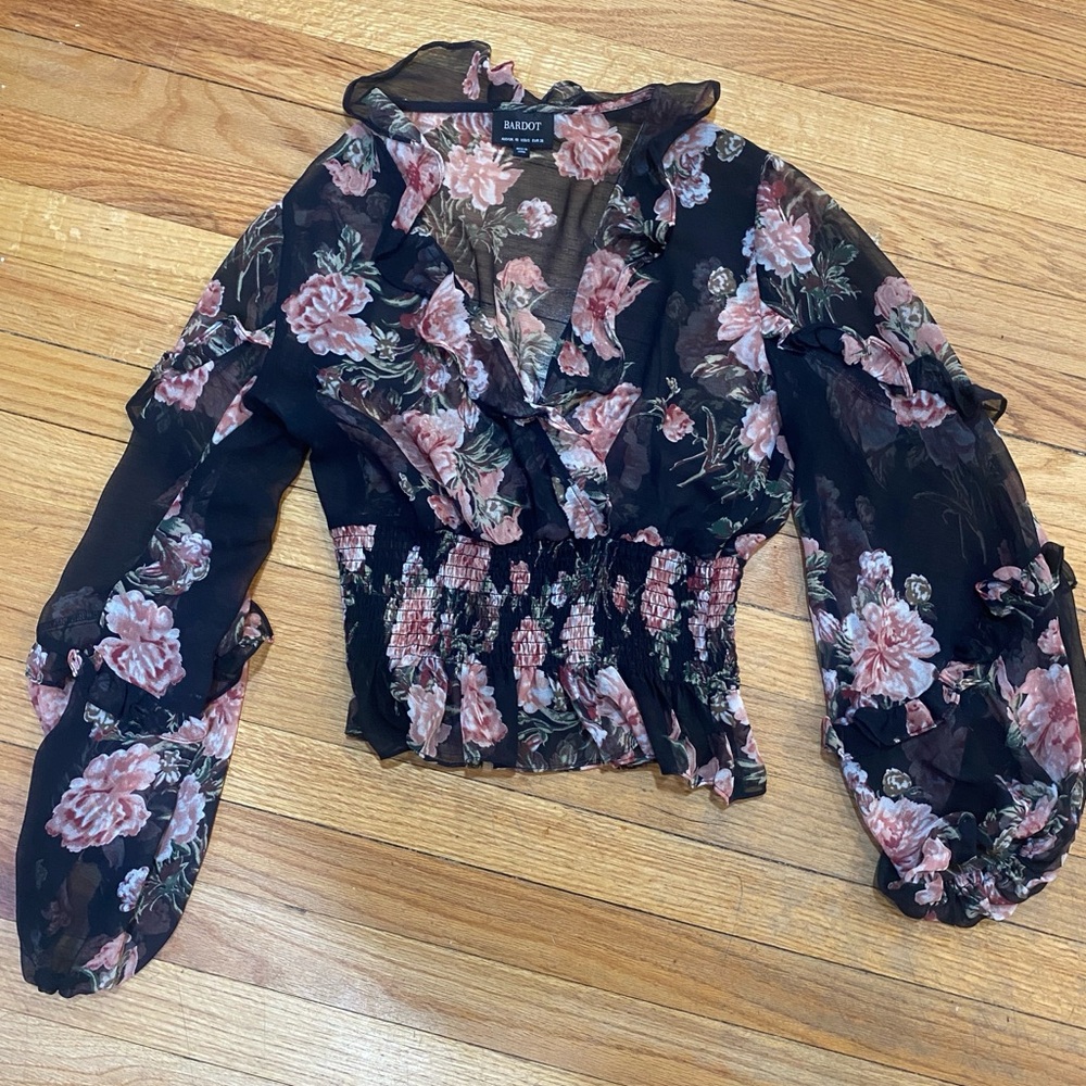 Bardot Blake Top - navy floral sheer blouse